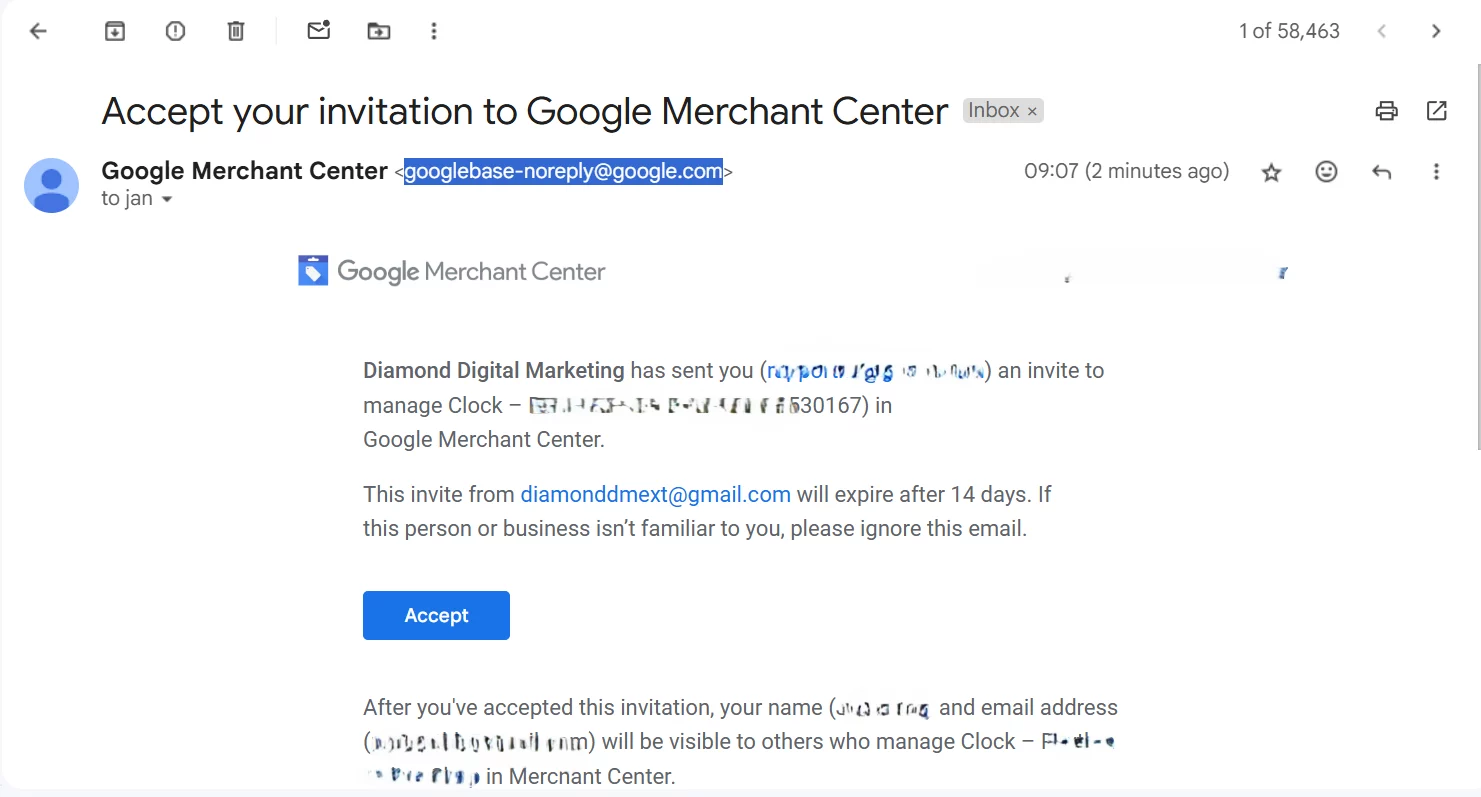 Accept your invitation to Google Merchant Center