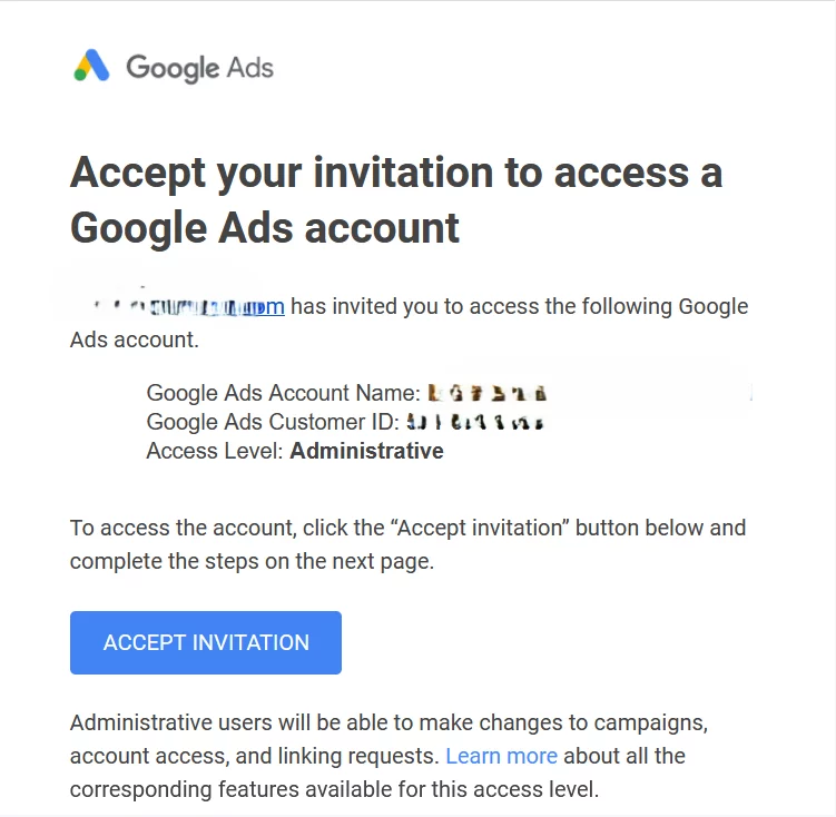 Accept your invitation to access a Google Ads Account