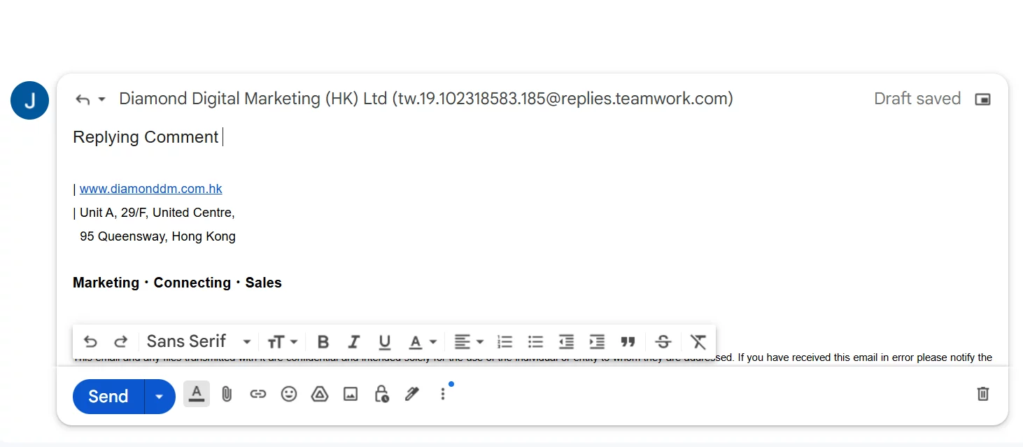 Replying Teamwork Comment In Gmail Interface