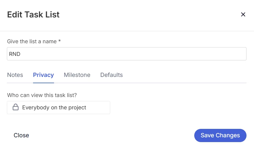 Task Property Task List Privacy