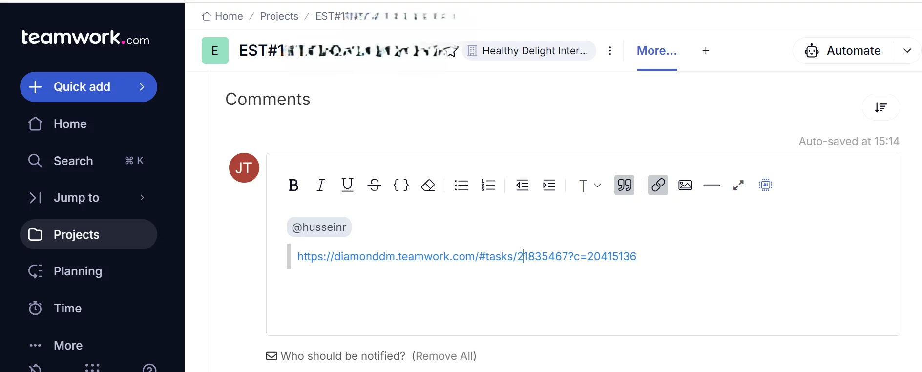 How to Comment in Teamwork.com