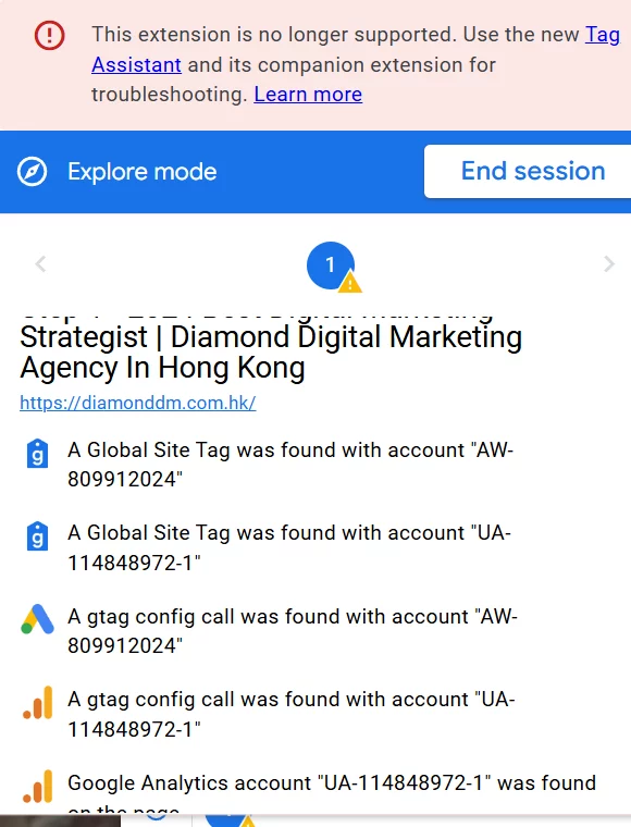 deprecated tag assistant for conversion running